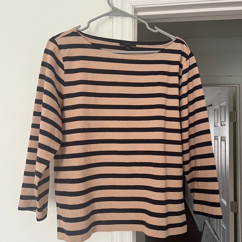 NWOT J Crew Navy Camel Striped 3/4 Sleeve Shirt
